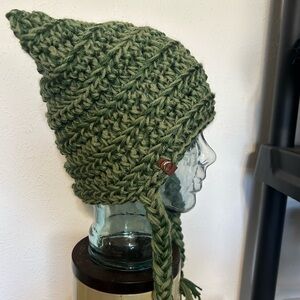 Handmade Green Knit Beanie with Braided Ties